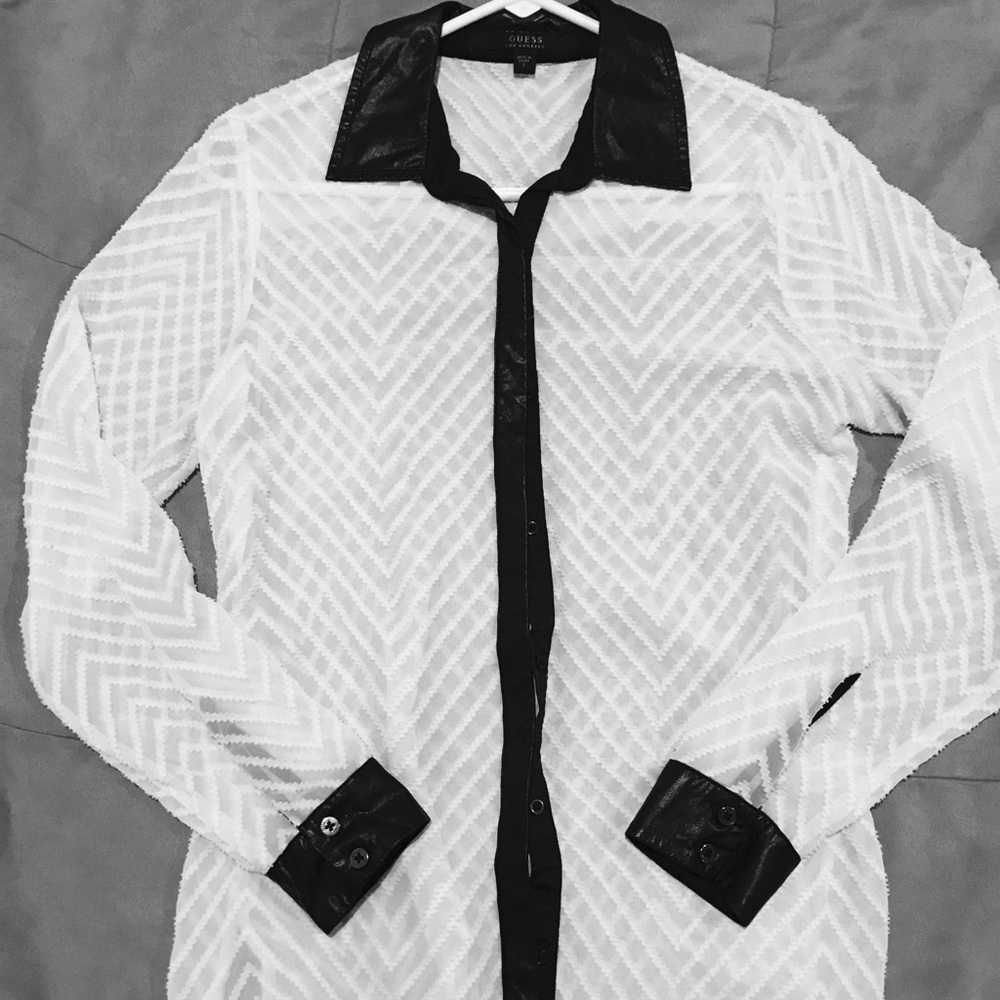 “Guess” Off white & Black leather trim Blouse